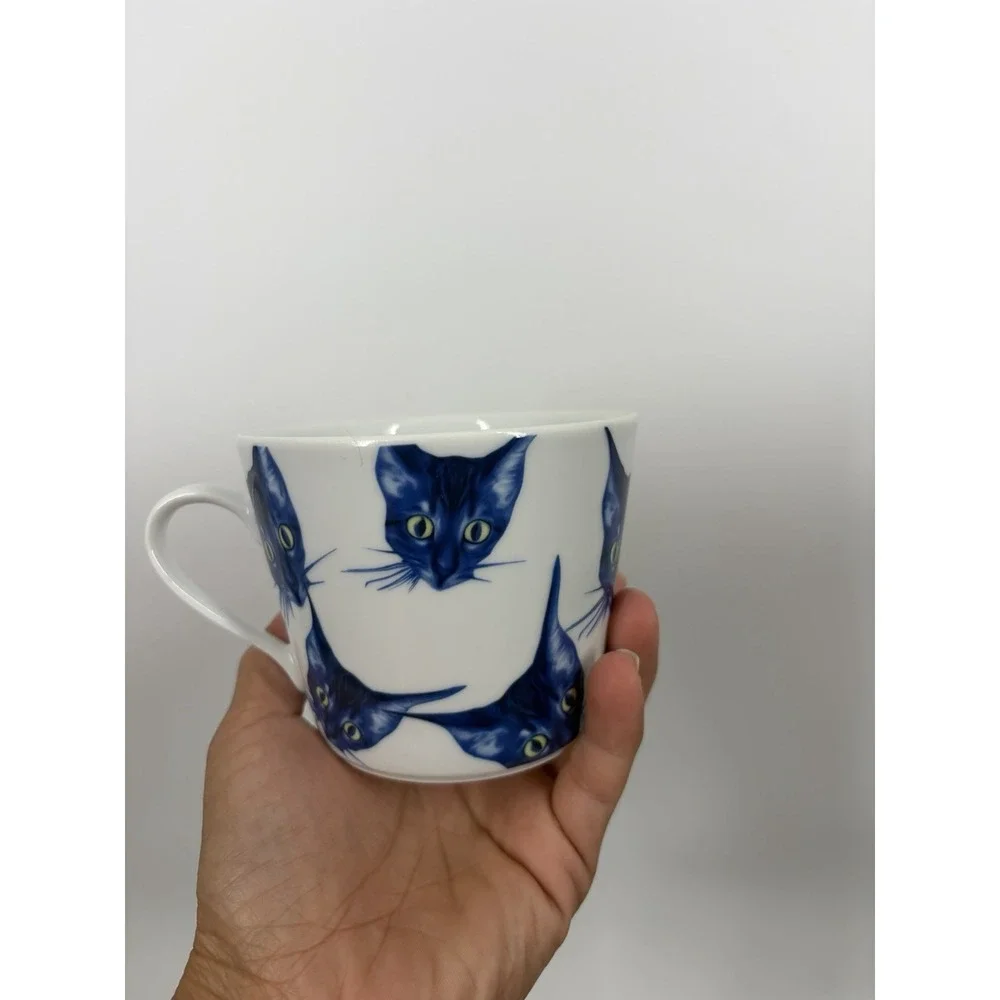 IKEA Katie Eary Designer Blue Cat Faces Breakfast Tea Cup & Saucer Mug 2016